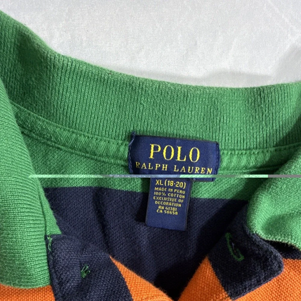 Polo Ralph Lauren Boys 18-20 Striped Short Sleeve Cotton Knit Polo Green Orange
